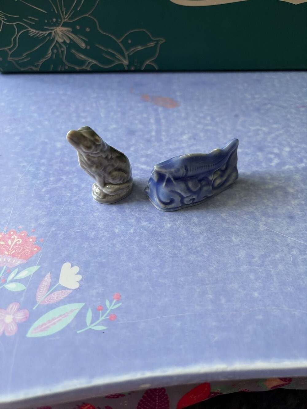 Set of 2 Vintage Ceramic Miniature Animal Figurines Wolf and Fish- minor flaws